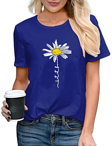 TOPLAZA Daisy Graphic T Shirt Women Short Sleeve Crew Neck Casual Summer Tee Tops, Dark Blue, L