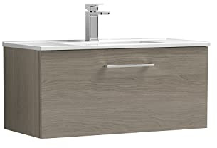 nuie ARN2525B Arno Modern Bathroom Wall Hung 1 Drawer Vanity Unit with Minimalist Ceramic Basin, 800mm, Woodgrain Solace Oak