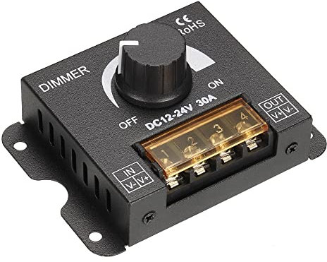 sourcing map LED PWM Dimmer DC 12V 24V 30A Knob ON/Off Switch Dimming Controller with Metal Shell for Single Color Lighting LED Strips, Black