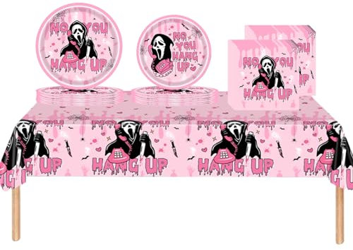 53Pcs Pink Ghosts Halloween Tableware Decorations - Ghosts Party Table Cloth, 7inch & 9inch Paper Plates, Paper Napkins for Girls Halloween Theme Party Favor