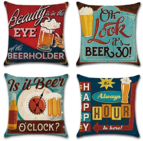 OCEUMACO Leinen Kissenbezug 40x40 Vintage Bier Kissenhülle 4er Set Quadratisch Dekokissen Sofakissen Bezug für Couch Sofa Spruch Kissen Kissenbezüge Deko Zierkissen Couchkissen Outdoor - Bunt