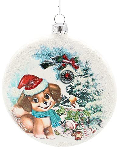 Dekohelden24 Lauschaer Christbaumschmuck - Glastaler Bedruckt mit kleinem Hund und Weihnachtsmütze, mit Glitter - Dekor und Silberkrönchen, Größe B/Ø: ca. 1 x 9 cm