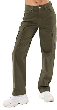 Nina Carter Q1885 Jean cargo stretch pour femme Taille haute Coupe droite, Kaki (Q1885-2), L