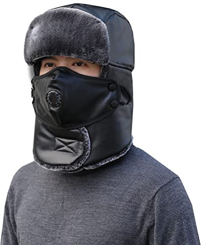 GFM® Ushanka Herren Pilotenhut, PU, russischer Winter, Trapper, Bomber, Fliegermütze, Schwarz (88-USH-PUFIL-KL), Schwarz , One size