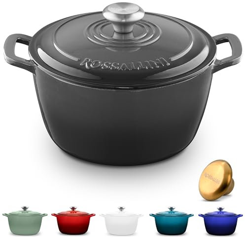 ROSSALLINI Signature Enameled Cast Iron Dutch Oven, Non-Stick Serving Pot with Tight Fitting Lid for Perfect Roasting, Baking, Sauteing, and Bread Making | 2Q (1.9L) - Oyster Grey