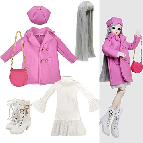 Proudoll Muñeca BJD de 1/3 de 60 cm, 24 pulgadas, ropa de muñecas articuladas con bola SD, abrigo de invierno, conjunto de ropa y accesorios (rojo rosa)