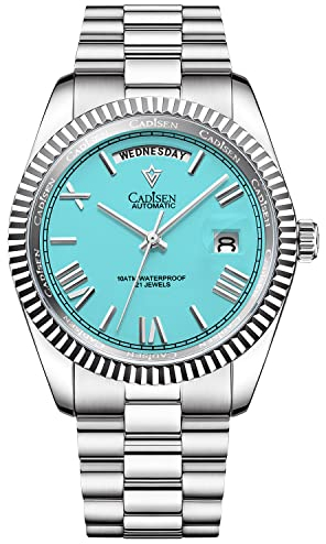 Cadisen Automatische mechanische Uhr für Herren, Schwimmen, 10 Bar, wasserdicht, Schraubkrone, 8285-Uhrwerk, Edelstahlgehäuse, Uhren, Hell, blau, Mechanisch