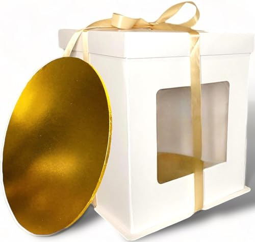 Just Love Boutique 12 Inch Cake Board and Box Gifting Set with Gold Cake Board and Gold Ribbon.Tall Cake Box 12 with Window for Displaying and Transporting Cakes. Measuring: 31x31x34cm