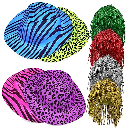Toddmomy 4 Stück Folien-Lametta-Perücken Mit 4 Stück Western-Cowboyhut Metallisch Glänzende Perücken Zebra-Leoparden-Bedruckte Cowgirl-Kappe Maskerade-Kostüm Cosplay-Zubehör