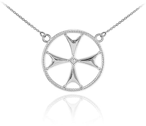 Collana con Ciondolo Croce di Malta e Diamante in Oro Bianco 14k (Lunghezza Catena Disponibile 40 cm – 45 cm – 50 cm – 55 cm) 45 cm