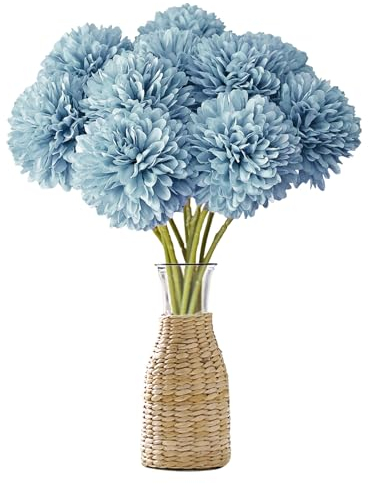 MUYAPAY Fiori di Ortensia Artificiale,12 Pezzi di Fiori di Palla di crisantemo di Seta,Bouquet Di Ortensia Finte,Ortensie Artificiali con steli,per Bouquet di Nozze,Casa,Giardino,Ufficio(Azzurro)