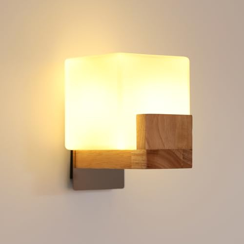 DELIPOP Holz Wandleuchte Innen, G9 Vintage Wandlampe Innen mit Glas Lampenschirm, 3000k/4500K/6500K drei Farben dimmbar, Moderne Wandbeleuchtung für Treppenhaus Wohnzimmer Schlafzimmer Flur, Quadrat