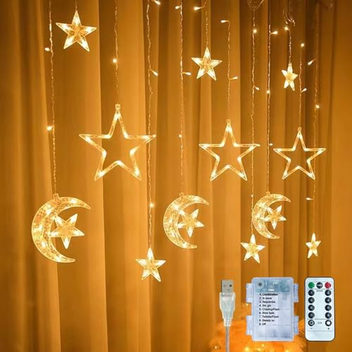 Anyingkai LED Lichterkette Mond und Sterne,Lichterkette für Ramadan,Ramadan Deko Lichter,LED Lichterkette Sternenvorhang,Stern Mond Led Lichterkette,Stern Mond Lichtervorhang Lichterkette