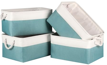 Syeeiex Storage Basket for Shelves [4 Pack], Storage Boxes with Handles, Large Fabric Storage Bins for Organizing Home and Office, White & Teal