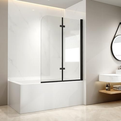 EMKE Mampara de bañera plegable 110x140cm, 2 hojas pivotantes, mampara bañera de cristal de seguridad de 6 mm, Giratorio 180°,Borde negro de style industriel,Revestimiento nano fácil de limpiar