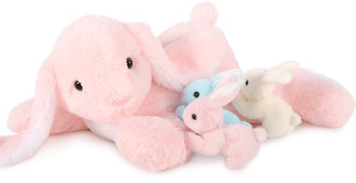 MorisMos Rosa Ostern Hase Kuscheltier XXL, 60cm Riesen Plüschtier Kaninchen Hase mit 3 Baby, Gross Plüsch Hasen Kaninchen stofftier, Rabbit Bunny Geschenk Kinder