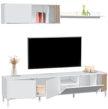 duehome | Conjunto de Salon, Mueble de TV, Modulos de Comedor, Modelo Nitza, Acabado en Blanco Artik y Natur, Medidas: 200 cm (Largo) x 40 cm (Fondo) x 47 cm (Alto)