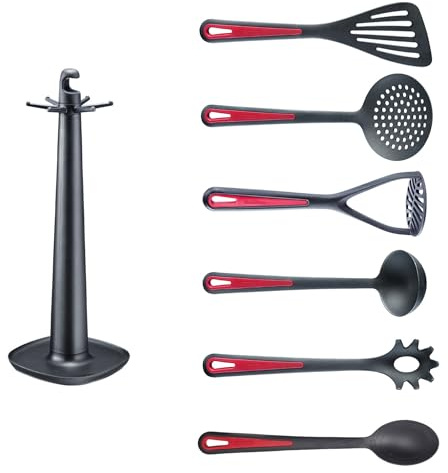 Westmark Küchenutensilien – Drehständer Gallant mit Kartoffelstampfer, Gemüselöffel, Spaghettilöffel, Suppenkelle, Schaumlöffel und Wender – Schwarz/Rot, Set 7-teilig
