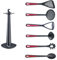 Westmark Küchenutensilien – Drehständer Gallant mit Kartoffelstampfer, Gemüselöffel, Spaghettilöffel, Suppenkelle, Schaumlöffel und Wender – Schwarz/Rot, Set 7-teilig