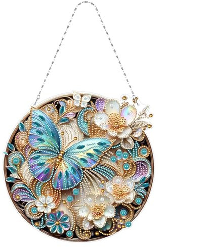 CXINLky DIY Diamond Painting Anhänger mit Kette, Diamant Painting Fensterbilder, Kreatives 5D Diamond Malerei Wandbehang Kits für Fenster Wand Eingang Garten Decor-12-Schmetterling