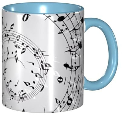 Zweifarbige Tasse aus Keramik. Geeignet für Cappuccino, Latte, Müsli, Joghurt, Milch, heiße oder kalte Getränke. Mikrowellengeeignet. Wanddrucke mit Musiknoten.