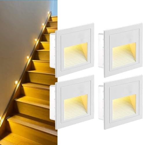 SUBOSI 4er LED Treppenlicht LED Wandeinbauleuchte Aluminium 230V 3W Glas Wandleuchten Treppenbeleuchtung mit Unterputzdose Treppenlicht Wandleuchte IP65 Wasserdicht Warmweiß
