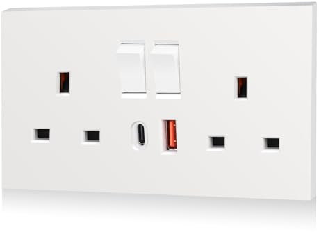 CNBINGO USB Type C Double Socket, 20W Max Fast Charging, Double Switched Socket with 20W PD USB C and A, Electric Power Sockets 2 Gang 13 Amp, White Double Wall Outlet