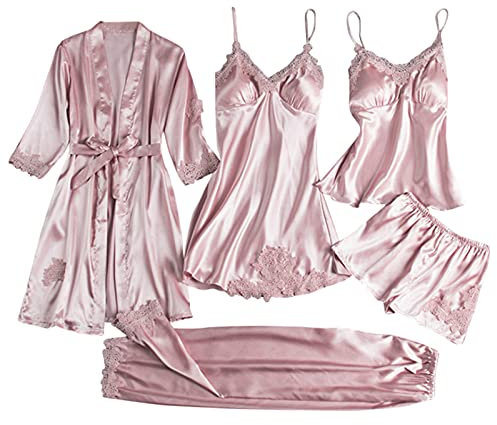 Hkdjaess Femme Ensembles De Pyjama Sexy Respirant Sexy Ensemble Femme Blanc Sleepwear 5 Pièces Dentelle Rose Vêtements De Nuit Automne Mignon Pas Cher Chic