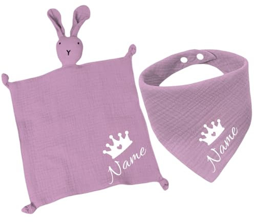 Personalisiertes Baby-Set mit Name – Dreieckstuch und Kuscheltuch – Weiches Baby-Accessoire-Set für Neugeborene und Babys – Unisex, Hautfreundlich – Perfekt zur Geburt und Taufe (Lila)