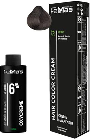 Femmas Haarfarbe Set Hellbraun Sand 5.7 I Hair Color Cream 100ml + Oxycreme 100ml 6% I Permanente Haar-Coloration + Entwickler I Schonend & langanhaltend I Salon-Haarfarbe für Zuhause