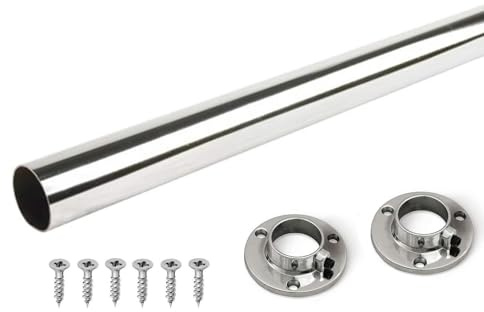 B2C Wardrobe Rail Round Hanging Chrome Gloss Tube 25mm End Supports Screws 3 Lengths Silver (795mm Rail + Brackets)
