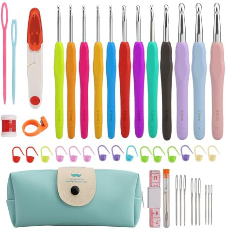 Lrocotanc Häkelnadel Set 44 Stück - 12 Größe Häkelset für Anfänger - Weicher Ergonomischer Griff - Crochet Set - Buntes Häkel Zubehör - Mit Tragetasche
