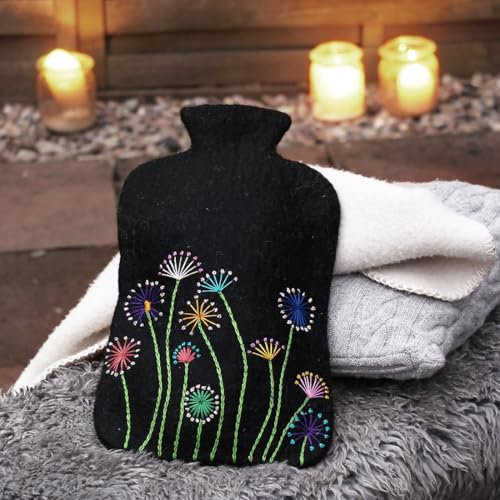 Housse pour bouillotte - Motif pissenlit - En feutre de laine - Pour bouillotte jusqu'à 2 l - Pour enfant - Jolie housse de bouteille - Commerce équitable au Népal - Fabriquée à la main