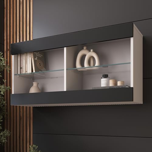 Komodee Tivoli Horizontal 100 Vetrina Sospesa, Bianco/Nero, Senza LED, Larghezza 100 cm x Altezza 50 cm x Profondità 29 cm, Per Soggiorno, Sala Da Pranzo