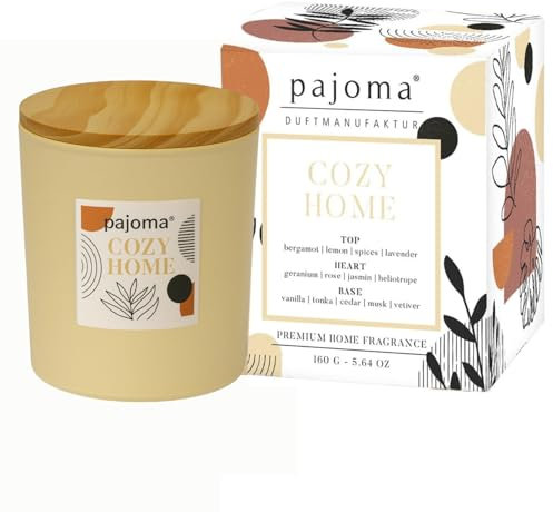 pajoma® Duftkerze im Glas Cozy Home 140 g mit Bambusdeckel 27 Std Brenndauer, Intensiver Duft Kerze in Geschenkverpackung | Warme Noten von Bergamotte, Lavendel & Vanille - Luxus-Deko für Zuhause