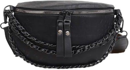 Stylische Unisex Crossbody Tasche mit Ketten-Design – Umhängetasche – Bauchtasche & Handtasche in Einem – Elegant & vielseitig – Kunst-Leder Tasche mit Reißverschluss & Schulterriemen (Schwarz)