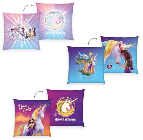 Herding Dekokissen 3er-Set, Unicorn Academy, 40 x 40 cm, Zum Kuscheln und als Dekoration, Polyester, Mehrfarbig
