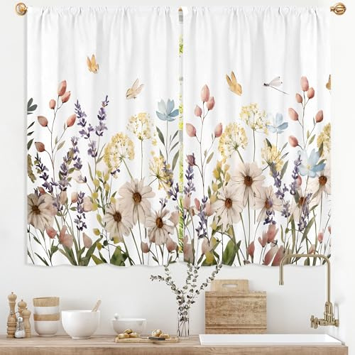 Vengaot Vintage Wildflowers Kitchen Curtains 27.5W X 39L Inch 2 Panel Spring Floral Farmhouse Summer Rustic Plant Botanical Small Short Cafe Tier Curtain Lavender Window Treatment Drapes Kitchen Decor