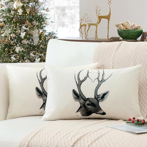 Sungeek 2er Set Weihnachten Kissenbezüge, Hirsch Doppelseitiges Muster Dekorative Zierkissenbezüge Winter Kissenbezug Weihnachtsdeko Kissenhülle für Sofa Schlafzimmer Wohnzimmer (30x50 cm, Tusche)