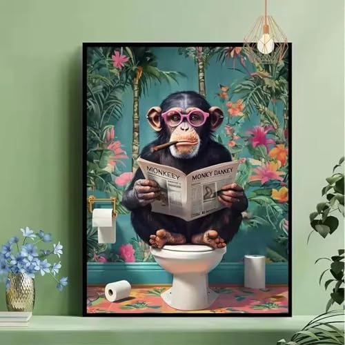 Baibexing Lustiger Affe Tier Liest Zeitung Auf Toilette Badezimmer Leinwand Malerei Poster Drucke Wandkunst Bild Für Wohnzimmer Wohnkultur A8 30X40Cm Kein Rahmen