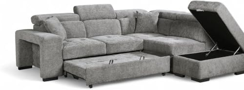 Chenille Grey L Shaped Corner Sofa Bed with Storage Ottoman, Adjustable Headrests and 2x Foot Stools - Durable Fabric Modular Sectional Pull Out Sofa Bed 4 Seater with Black Metal Feet - RIGHT HAND