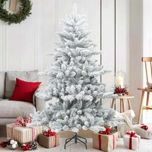 Künstlicher Scharnier-Weihnachtsbaum, schneebedeckt, Weiß, 150 cm, PVC-Nadelbaum mit Metallständer, für Innen- & geschützten Außenbereich, 519 Spitzen