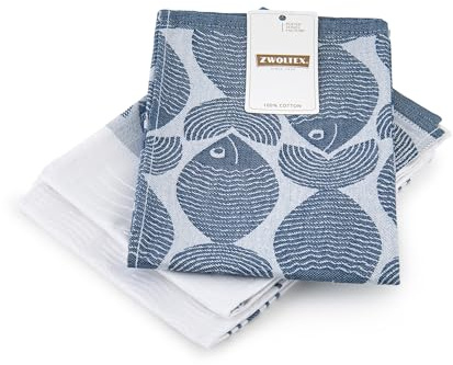 ZWOLTEX – Küche Handtuch Set, 3X Geschirrtüchern 50x70cm Fische, Saugfähige Lappen, 100% Organic Baumwolle 240g/m2 Tücher, Baumwolltücher mit Oeko-TEX Zertifikat - Dunkelblau