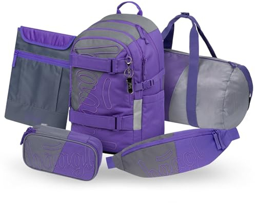Baagl Schulrucksack Set Mädchen 5 Teilig Schultasche 25 l - Dual | Der Ergonomischer Schulranzen und Skateboard Rucksack mit Brustgurt ab 3. Klasse als Grundschule Ranzen sorgt für Komfort.