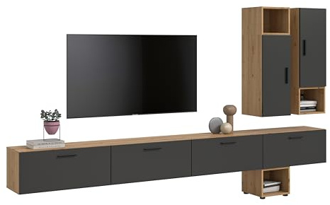 xonox.home – Wohnkombination The One 300x178x34 cm in Artisan Oak und Basalt – Große Wohnwand mit 2 Türen & 4 Klappen – 15 Fächer schaffen enormen Platz für Bücher & Medien im Industrial Style