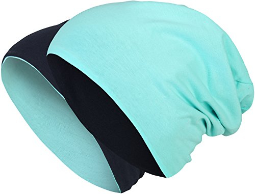2 in 1 Wendemütze - Reversible Slouch Long Beanie Jersey Baumwolle elastisch Unisex Herren Damen Mütze Heather in 24 (8) (Dark Blue/Turquoise)