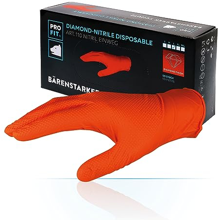 PRO FIT Nitril-Einweghandschuh 50er Pack – Premium Montagehandschuhe, Chemikalienschutzhandschuhe, Diamant-Muster, Latexfrei & ungepudert - 24cm, Orange, Gr. L