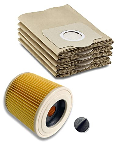 M&M Smartek 5x Filterbeutel mit Patronenfilter für Kärcher WD2-WD3 MV2-MV3 | Papierfiltertüten aus mehrlagigem Papier - mit Verschlusskappe, vergleichbar mit 6.959-130.0, 6.414-552.0, 4.075-012.0