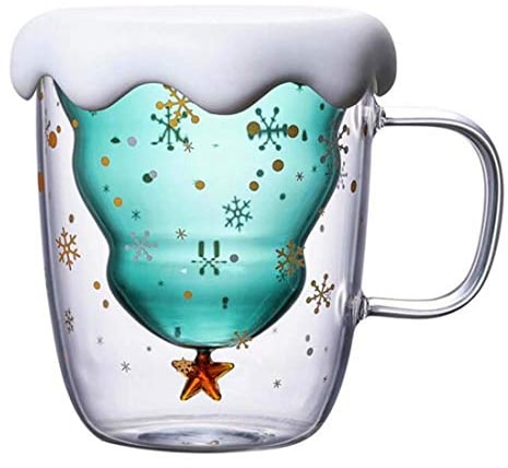 Tasse de Café Double Paroi Coupe en Verre Sapin Noël Tasses en Verre Petit ours Motif Le Lait Coupe Cadeau D'anniversaire Créatif Saint Valentin Romantique(Christmas Cup)