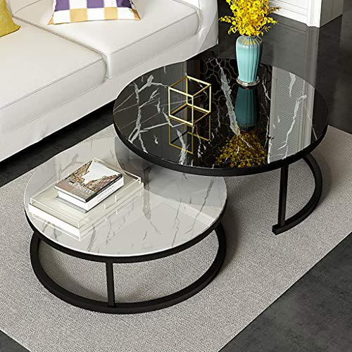 Satz Von 2 Stapelbaren Couchtischen Für Wohnzimmer, Runde Elegante Nest Beistelltische, Stapelbare Beistelltische Aus Marmor Textur & Metall